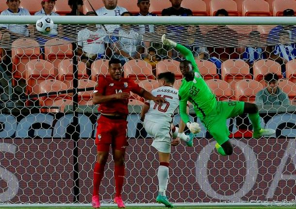 Qatar goalkeeper Meshaal Barsham saves during his team’s 3-3 draw with Panama in the Gold Cup on Tuesday